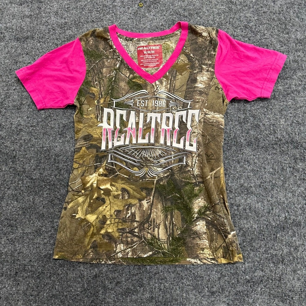 Realtree T-Shirt Womens Size M Pink Camo V-Neck Graphic Short Sleeve Outdoor Tee